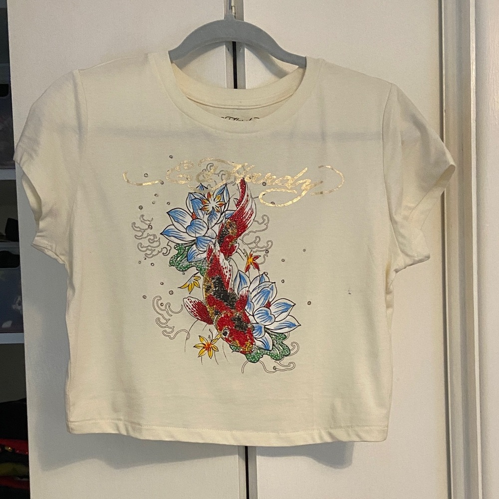Ed Hardy Cream Tee with gold name Script